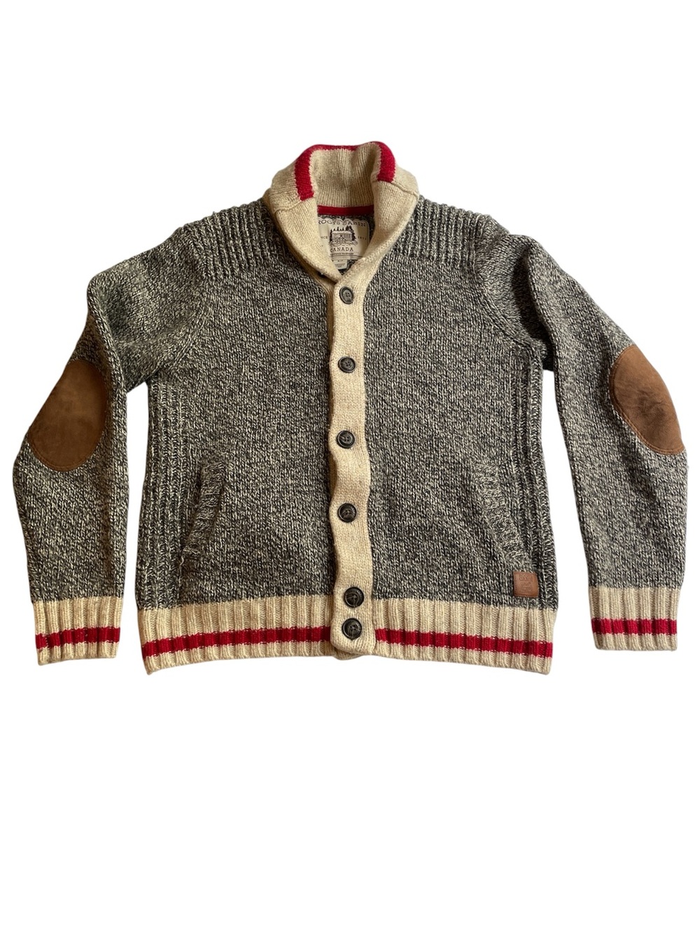 Roots Cabin Wool Cardigan Elbow Patch Fisherman Shawl Sweater Gray Mens Small
